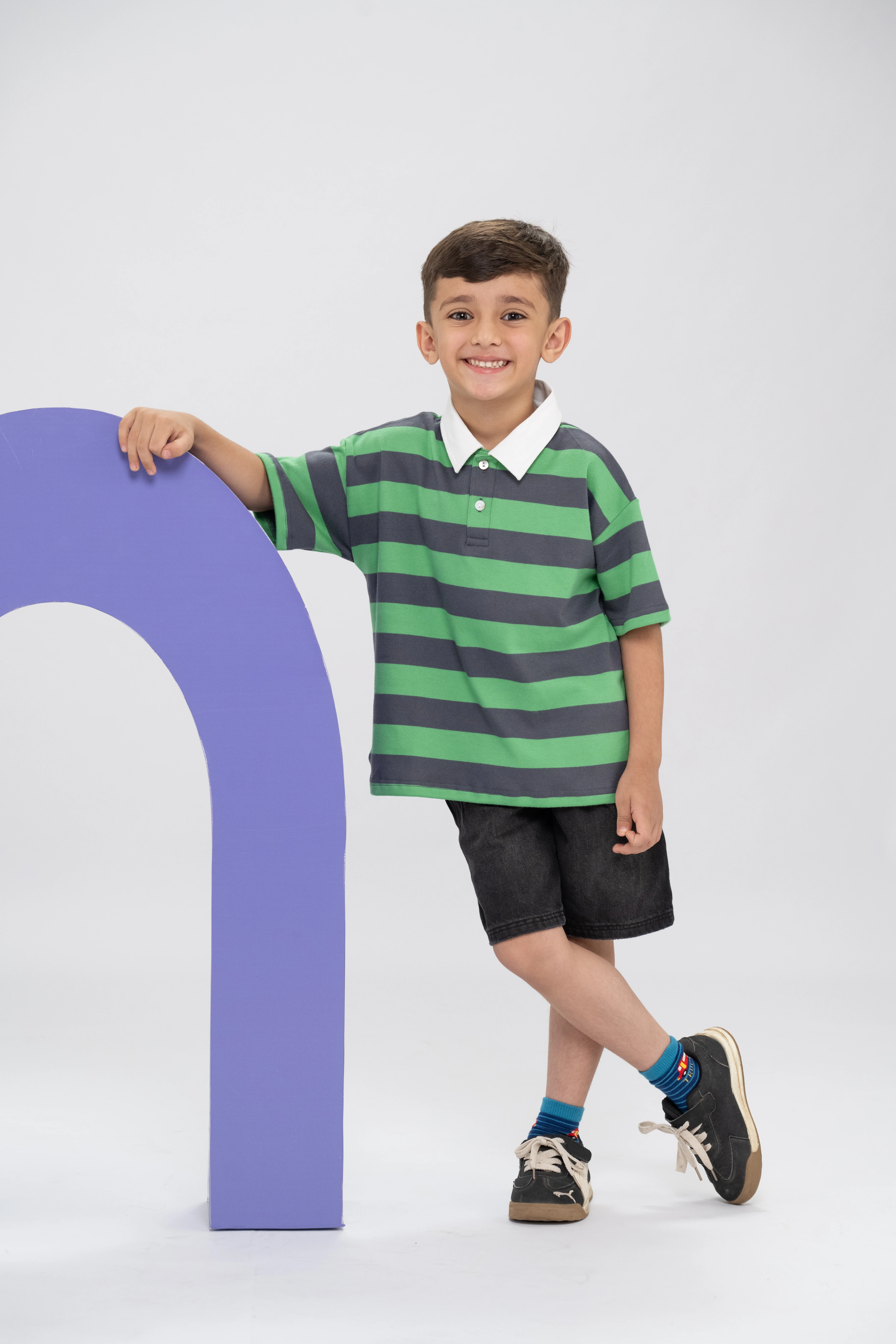Grey & Green Stripe Collar T-Shirt